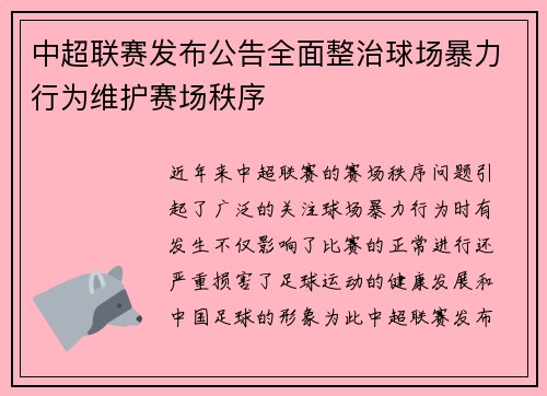 中超联赛发布公告全面整治球场暴力行为维护赛场秩序 中超联赛发布公告全面整治球场暴力行为维护赛场秩序