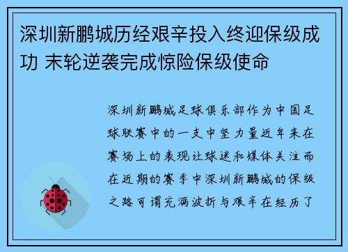 深圳新鹏城历经艰辛投入终迎保级成功 末轮逆袭完成惊险保级使命
